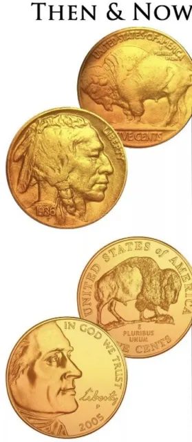 Full Date US Buffalo Indian Head Nickel Set 24K GOLD PLATED 5 Cent 1930s & 2005