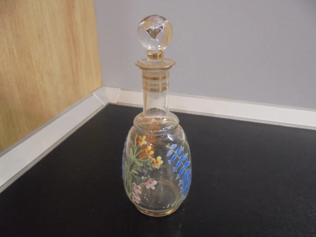 Carafe tout petit Flacon en verre émaillé de fleurs Magnifique poupée ancienne