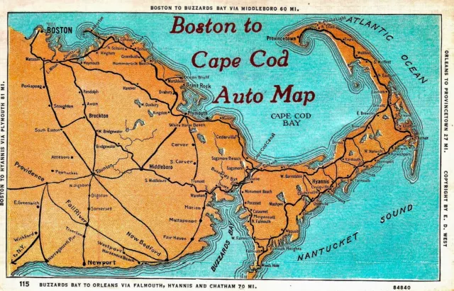 Vintage Postcard Boston To Cape Cod Auto Map Posted In 1937