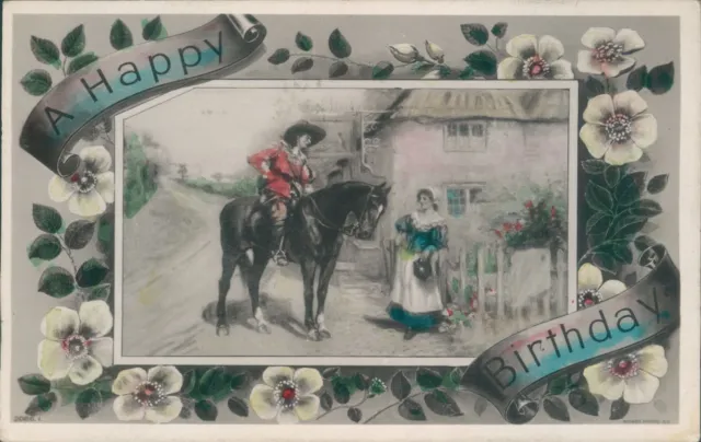 Birthday  inlaid village scene horseman and lady floral border rotary real photo