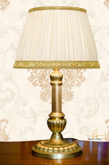 lampada da tavolo da comodino in ottone satinato lume con paralume seta plissé