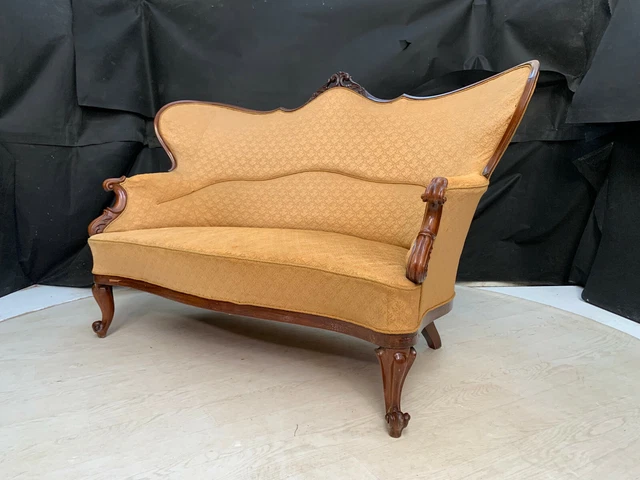 EB2511 Danish Carved Mahogany & Gold Patterned Fabric Tall Sofa Vintage V2SS