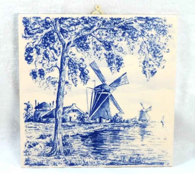 Vintage Holland Delft Ceramic Tile Blue & White Windmill Scene 6" Square Nice