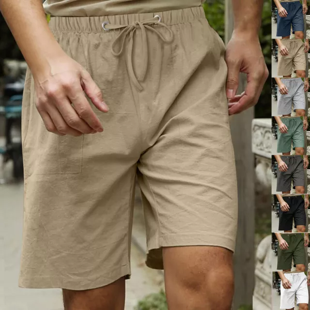 Mens Cotton Linen Summer Drawstring Pants Baggy Loose Casual Beach Sports Shorts
