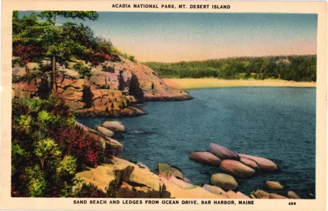 Sand Beach Ledges by Ocean Drive Bar Harbor Maine Linen Unposted Postcard 1930s