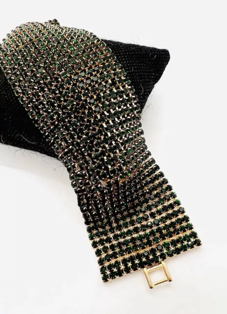 Wide Shimmering Jewel Tone Green Rhinestone Bracelet 14 Rows Vintage Jewelry