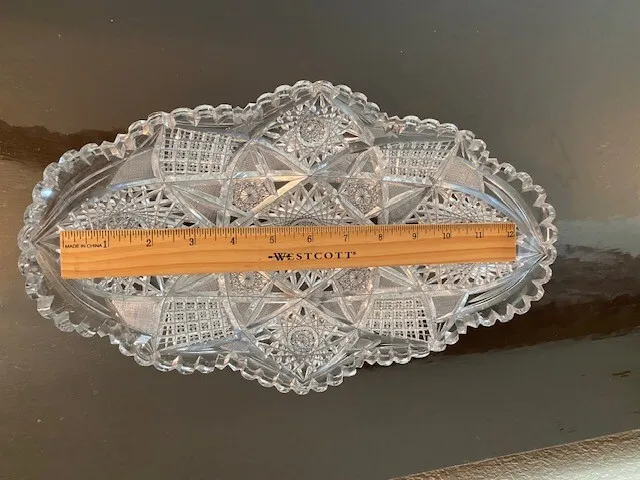 Antique ABP American Brilliant Period Cut Glass Crystal Boat Bowl Tray 14" 2
