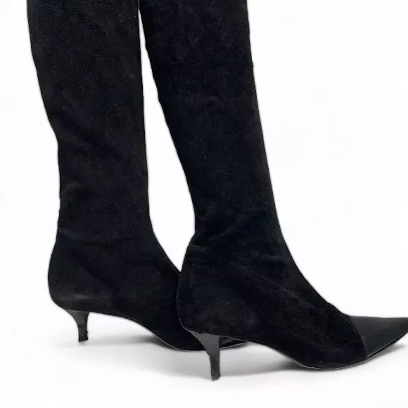 Robert Clergerie 9.5 Black Stretch Suede Pointed Boots, Shiny Leather Toes