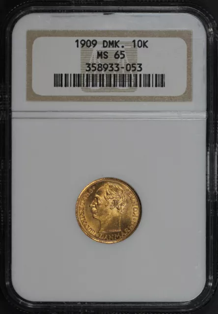 1909 Denmark Gold 10 Kroner NGC MS-65