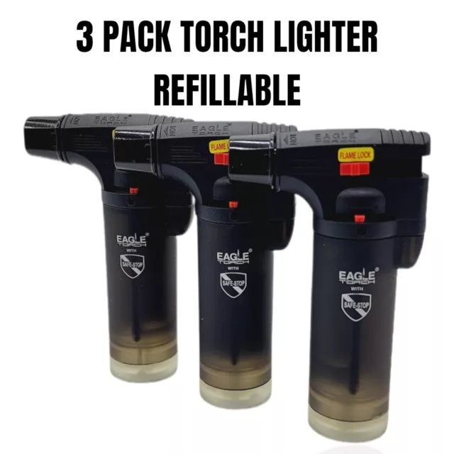 3 Pack BLACK  Eagle Butane Torch Lighter Gun Windproof Adj Jet Flame Refillable