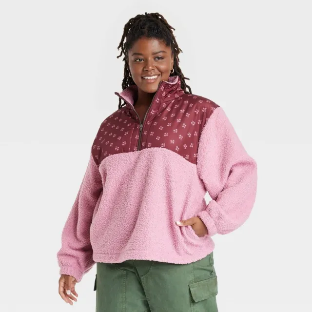 Women's Colorblock Quarter Zip Sherpa Sweatshirt Universal Thread Pink 1X