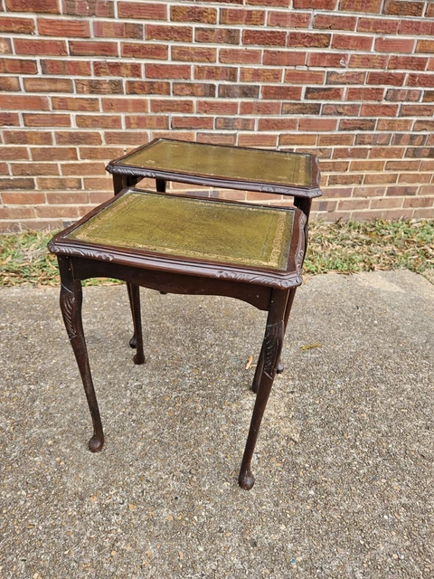 Vintage Mahogany Nest Of Tables Topped With Green Leather & Gold Trim Set Of 2