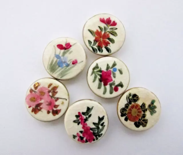 VTG Antique Porcelain Satsuma Buttons Set of 6 Hand Painted Floral Flower Design