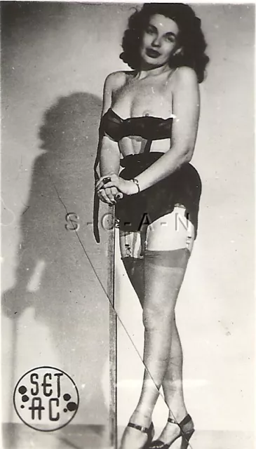 Original Vintage 40s-50s Nude RP- Black Bullet Bra- Slip- Stockings- Heels-  Legs