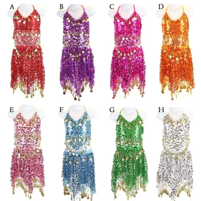 GIRLS KIDS BELLY Dance Costume Sparkly Circle Sequin Coins Top & Skirt ...