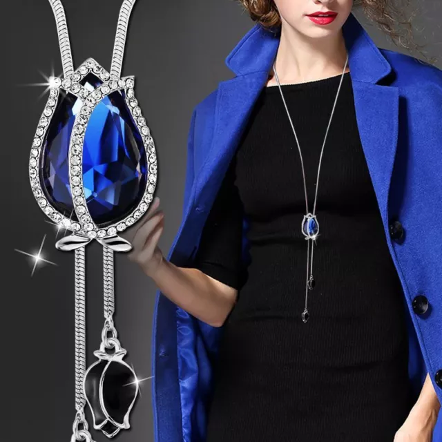 Blue Tulip Pendant Necklace Flower Crystal Charms Long Chains Women Necklaces