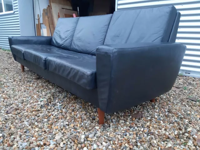 Vintage retro Mid Century Danish 3 Seater black leather 1960s 70s Sofa bed Couch