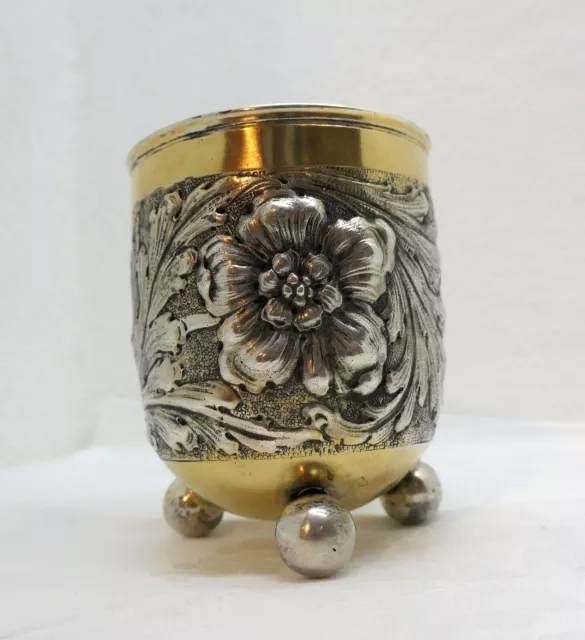 Kugelfußbecher Silber 800er teilvergoldet Blumen Silberbecher wohl Hanau um 1900 Kugelfußbecher Silber 800er teilvergoldet Blumen Silberbecher wohl Hanau um 1900