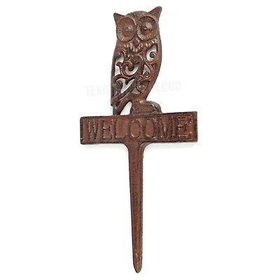 Ornate Owl Welcome Garden Ground Stake Cast Iron Yard Decor Rustic 15 inch Tall