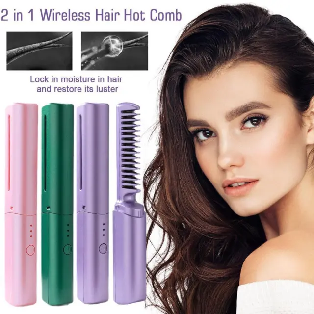 2 in 1 Wireless Hair Hot Comb Mini Usb Charging Straightener Fast Heating''FAST