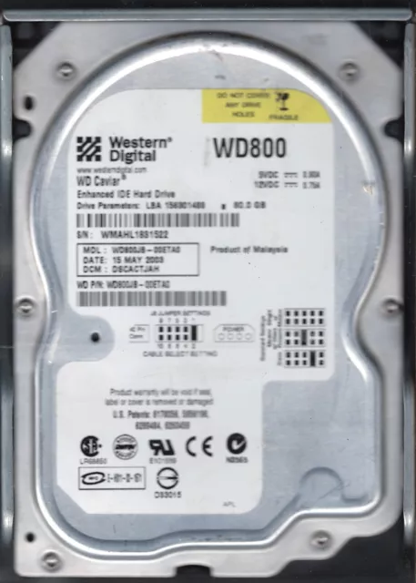 Western Digital 80GB Hard Drive HDD 3.5 in 7200RPM IDE PATA WD800  WD800BB-00JHC0