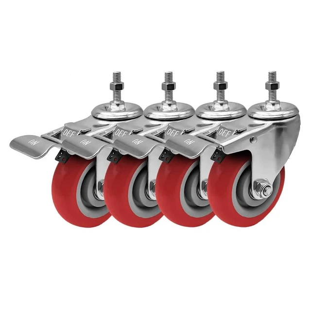 FactorDuty 4 Inch RED Caster Wheel with Brake Dual Locking 3/8"-1.2" Threaded No