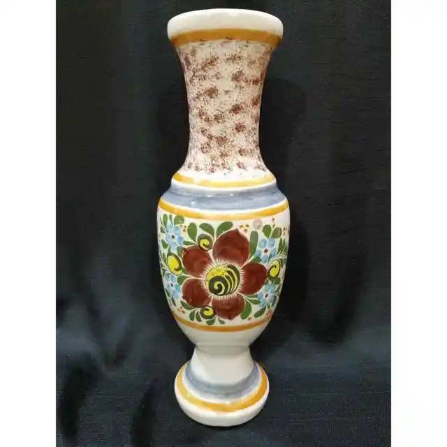 Vintage Tall Ceramic Vase with Hand Painted Flower and Accents
