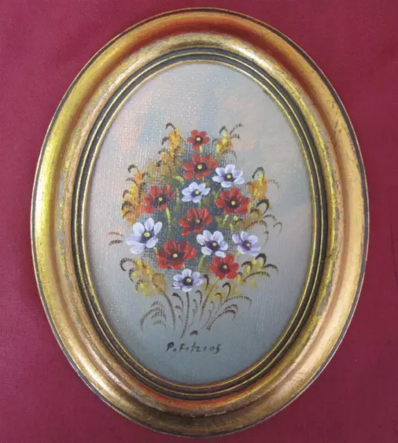 Vintage Original Small Mini Oil On Board Oval Framed Painting Signed