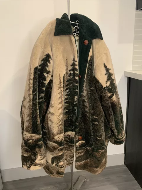 VINTAGE DENALI REVERSIBLE Plush Fleece Jacket Coat Green Tan Pine Trees Wolf L 49.99 PicClick