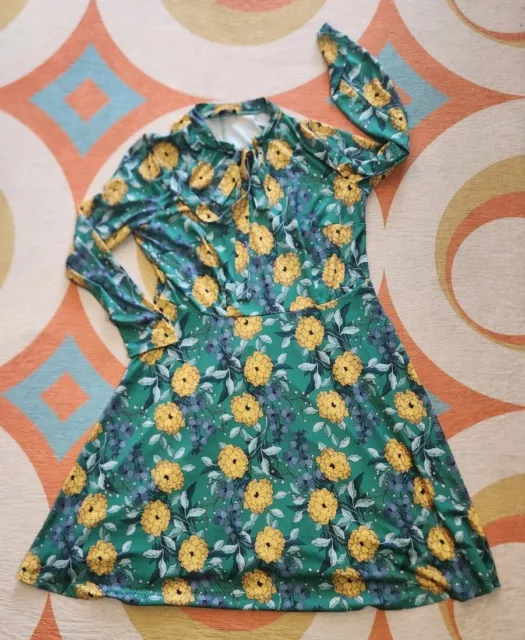 Eloquii Green And Yellow Floral Tie Neck Dress Size 14