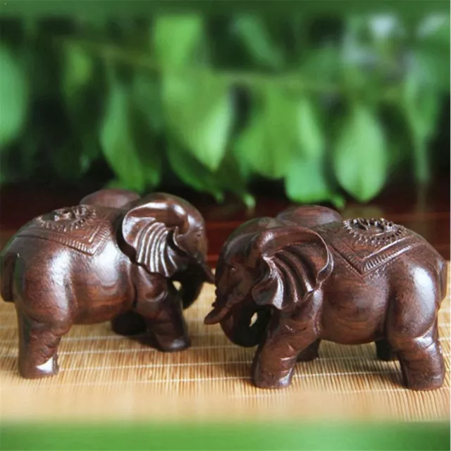 A Pair Handmade Wooden Carved Elephant Lucky Statue Home Craft Ornament Decor