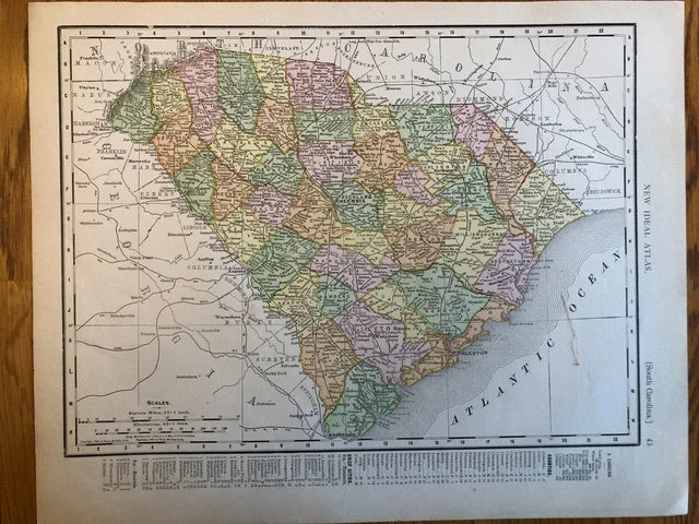 1911 SOUTH CAROLINA Map, Rand McNally, New Ideal State and County