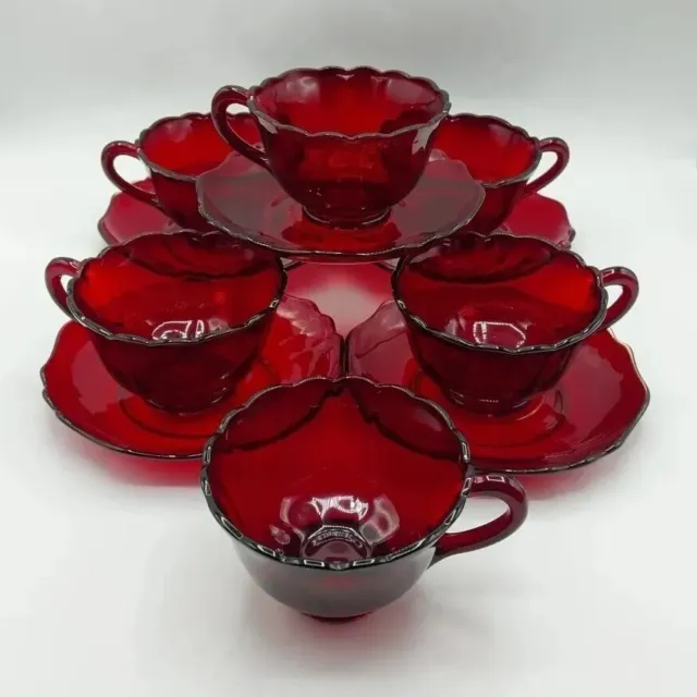 Vintage Ruby Red Depression Glass MARTINSVILLE NEWPORT 6 Tea Coffee Cup 5 Saucer