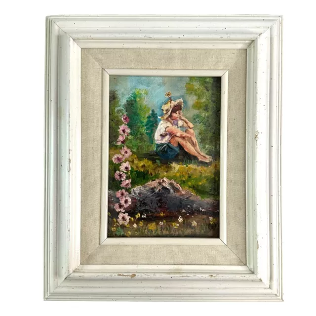 Original Oil Painting Young Girl Contemplating In Field of Flowers Unsigned