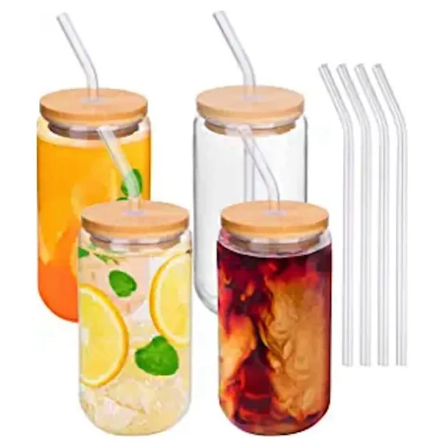 Sunshine Co. 20oz Glass Tumbler with Lid and Straw- Glass Cup  with Bamboo Lid and Glass Straw- Reusable Iced Coffee Cup, Smoothie Cup -  Matcha Tea Tik Tok Cocktail Glass
