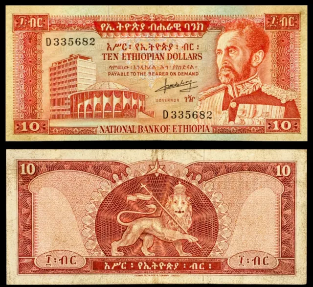 1966 Ethiopia 10 Dollars Banknote, Emperor Haile Selassie I, Lion of Judah