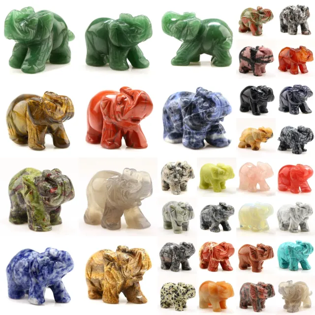 Mix 12pcs Elephant Gemstone Figurines Hand Carved Pocket Statue Healing Cryst...
