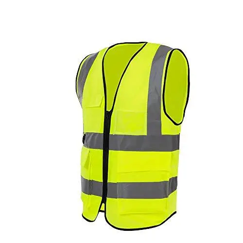 Safety Vest Zipper Front with Hi-Vis Reflective Strips Multi-Pockets Neon Yellow