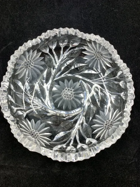 Antique American Brilliant ABP cut crystal small low bowl optic flower berries
