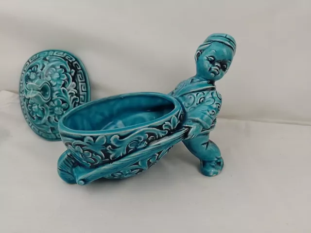 Oriental Vintage JAPAN Majolica Pottery Turquoise  Barrow Boy Lidded Trinket Pot