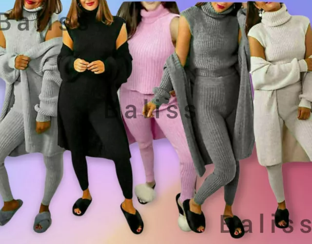 Womens 3 Piece SUIT Roll Neck Chunky Knitted Tracksuit Ladies Rib LoungeWear Set