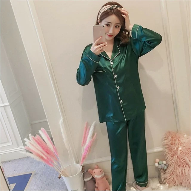 1 set pigiami donna imitazione seta maniche lunghe bottone biancheria da notte pantaloni per il