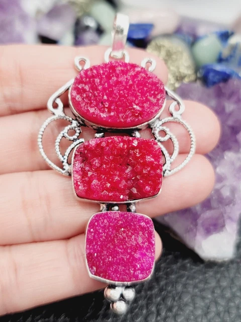 Solar Drusy Agate Quartz "Magenta" Oxidized Sterling Silver Pendant 3" Chain 20"