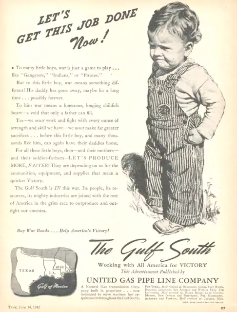 1943 WWII United Gas Texas Kid Demands war ends vtg ART PRINT AD boy overalls