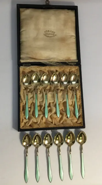 Danish OLEAAS TRONDHJEM GULDSMED Vintage Demitasse Spoon Set SET OF 12 with case