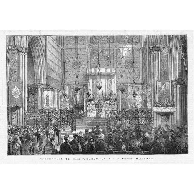 LONDON Eastertide in the Church of St Albans Holborn - Antique Print 1878