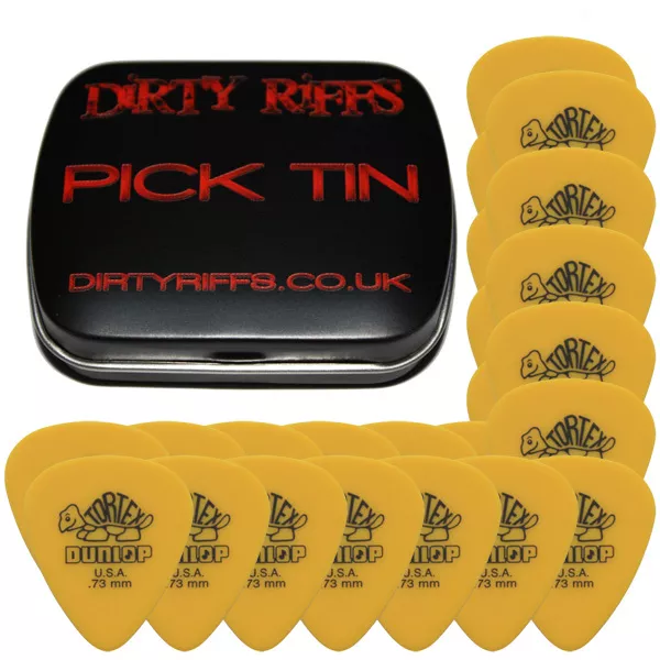 24 x Dunlop Tortex Standard 0.73mm Yellow Guitar Picks In A Handy Pick Tin