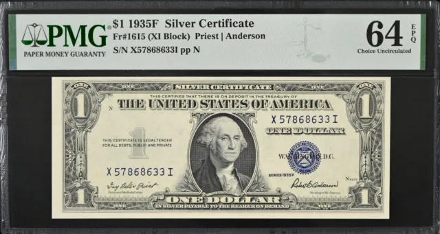 1935-F $1 Silver Certificate Fr# 1615 "Xi" Block Sn#X57868633I Pmg 64 Epq
