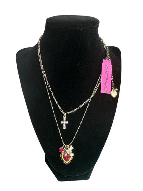 Betsey Johnson Yellow & Pink Heart / Cross Double Chain Necklace NWT