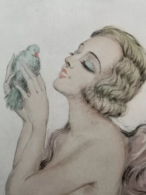 Eau-Forte Originale signée Art Déco Femme à l'Oiseau dans le goût de Louis ICART